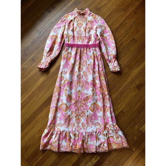 Vintage 70's Pink Prairie Dress Floral Ikat Velvet Trim Size Medium Angelair - Picture 1 of 11